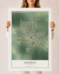Map of Coleman, Michigan, 24 x 36 inch print in a white wood frame