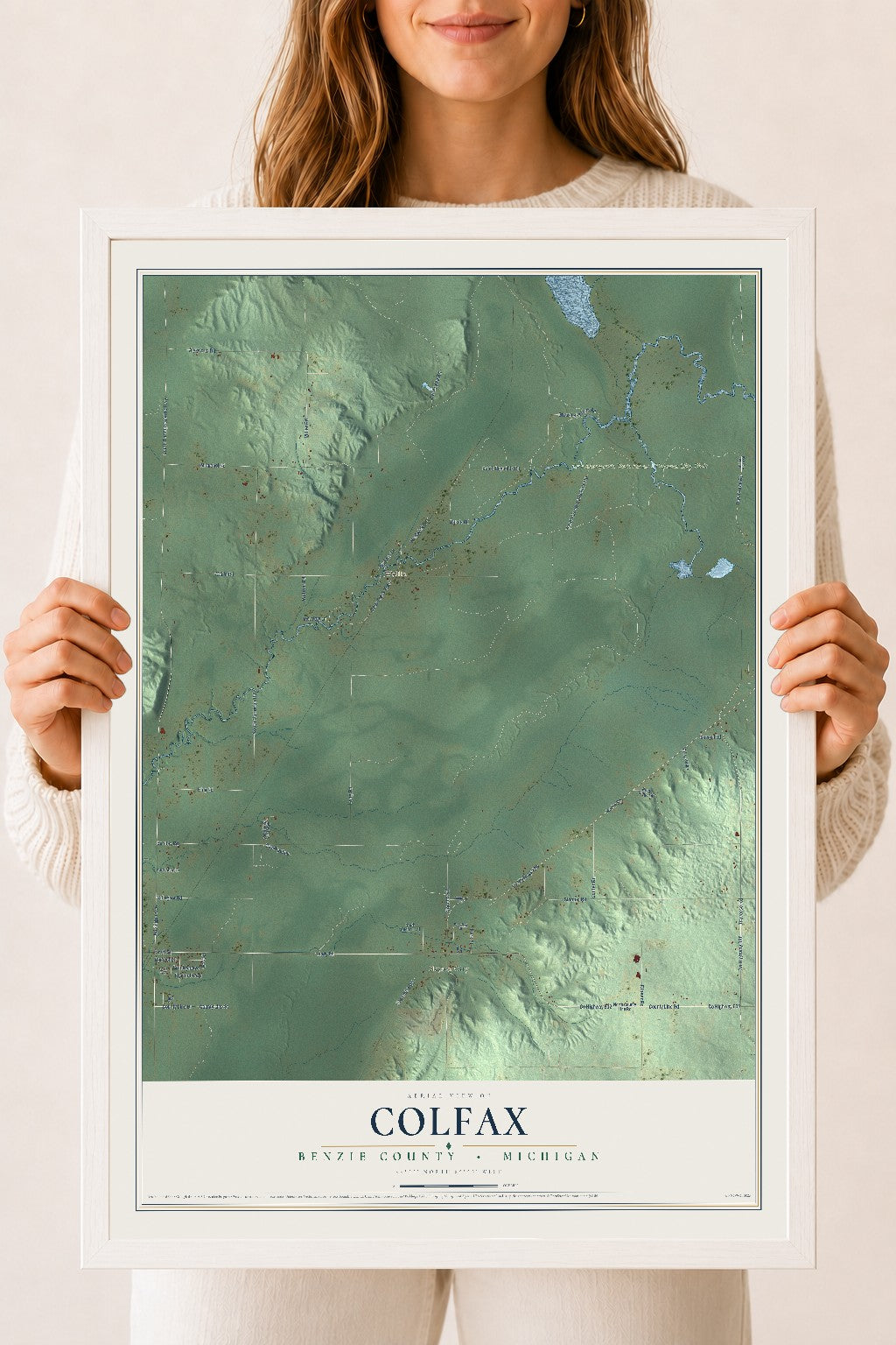 Map of Colfax, Benzie County, Michigan, 18 x 24 inch print in a white wood frame