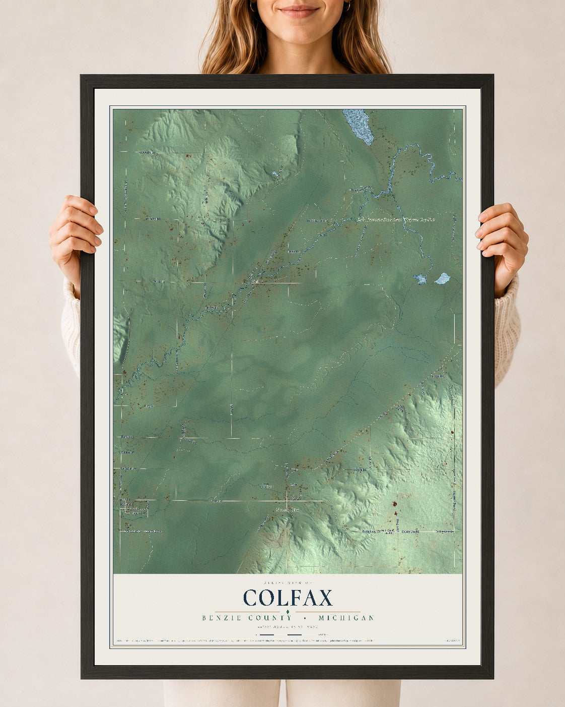 Map of Colfax, Benzie County, Michigan, 24 x 36 inch print in a black wood frame