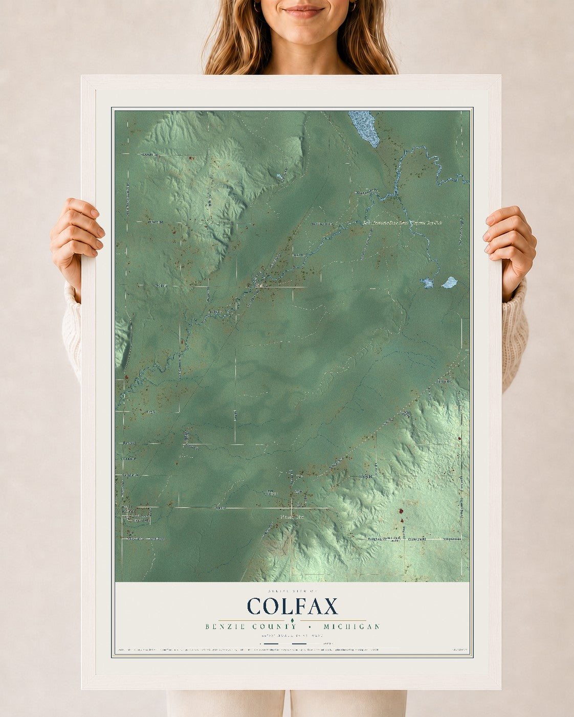 Map of Colfax, Benzie County, Michigan, 24 x 36 inch print in a white wood frame