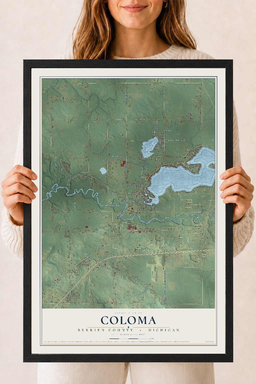 Map of Coloma, Berrien County, Michigan, 18 x 24 inch print in a black wood frame
