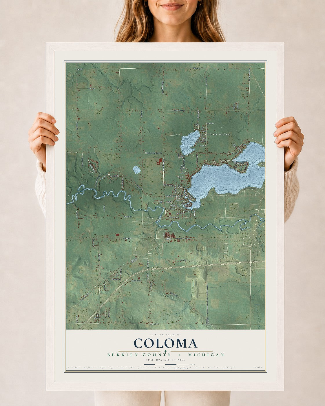 Map of Coloma, Berrien County, Michigan, 24 x 36 inch print in a white wood frame