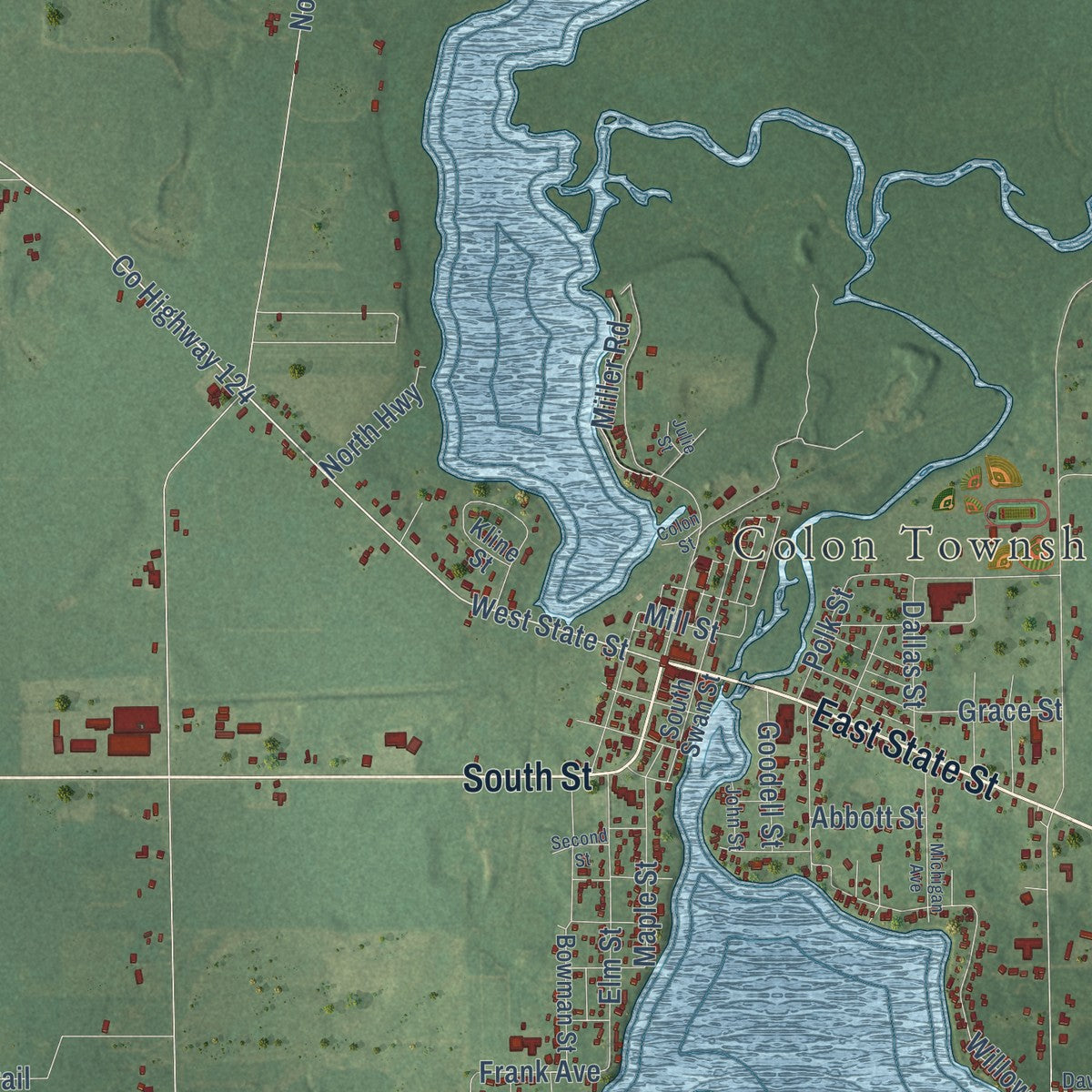 Close-up of the map of Colon, St. Joseph County, Michigan print showing street and building detail