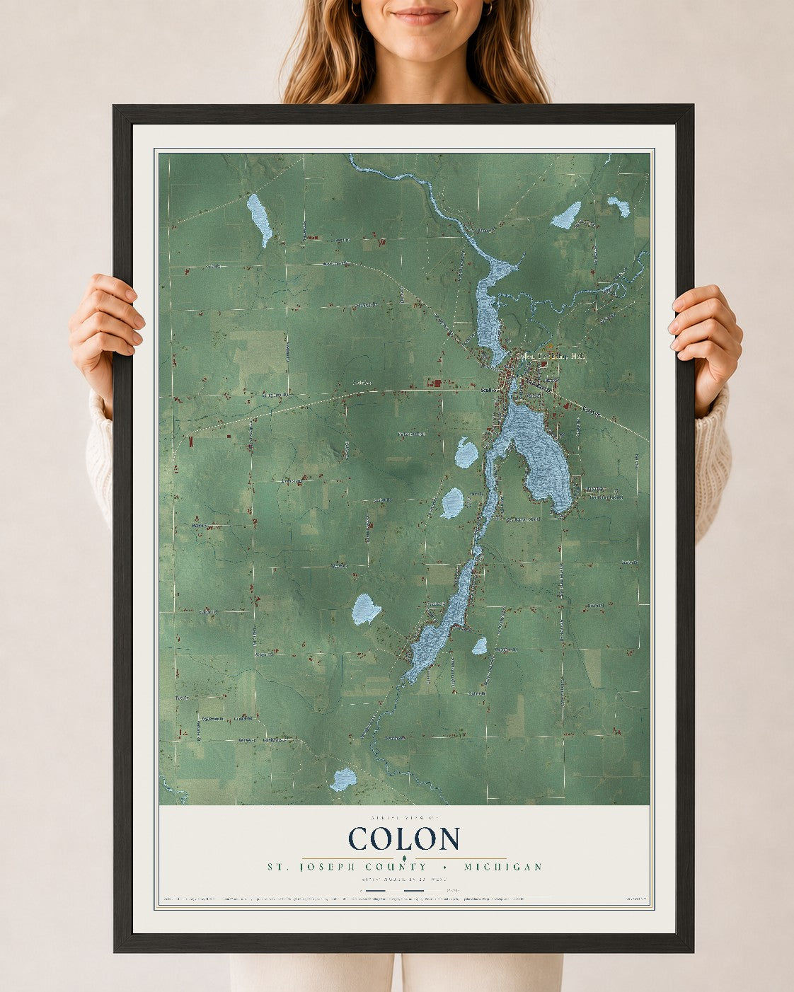 Map of Colon, St. Joseph County, Michigan, 24 x 36 inch print in a black wood frame