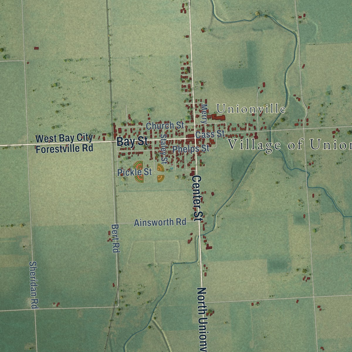 Close-up of the map of Columbia, Tuscola County, Michigan print showing street and building detail