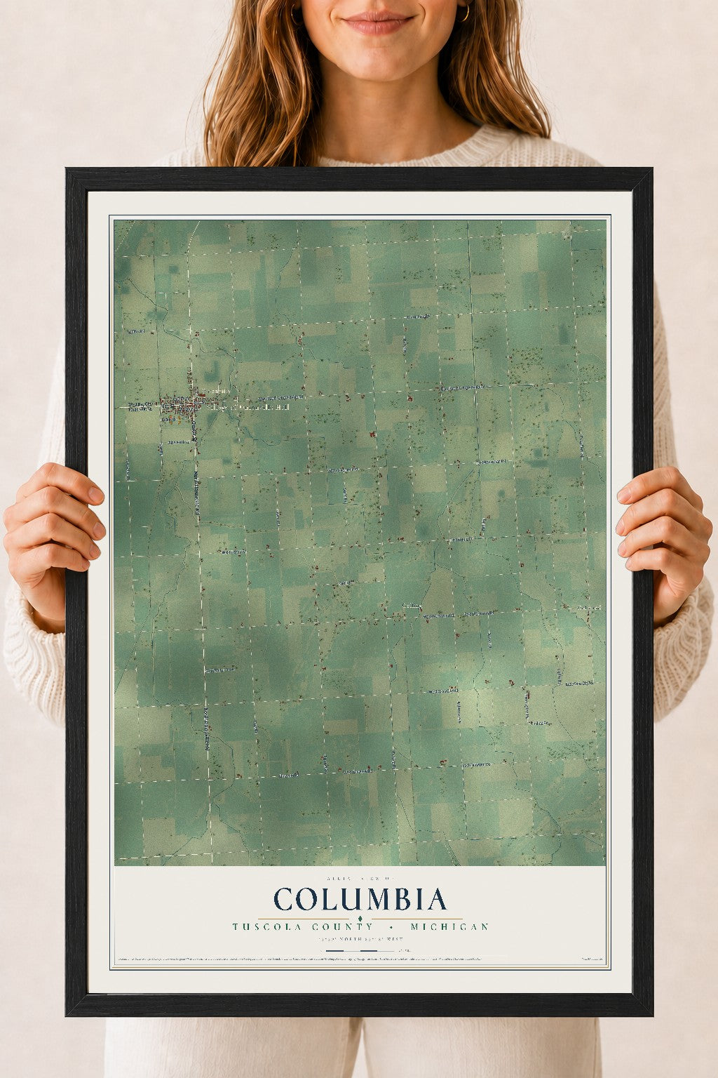Map of Columbia, Tuscola County, Michigan, 18 x 24 inch print in a black wood frame