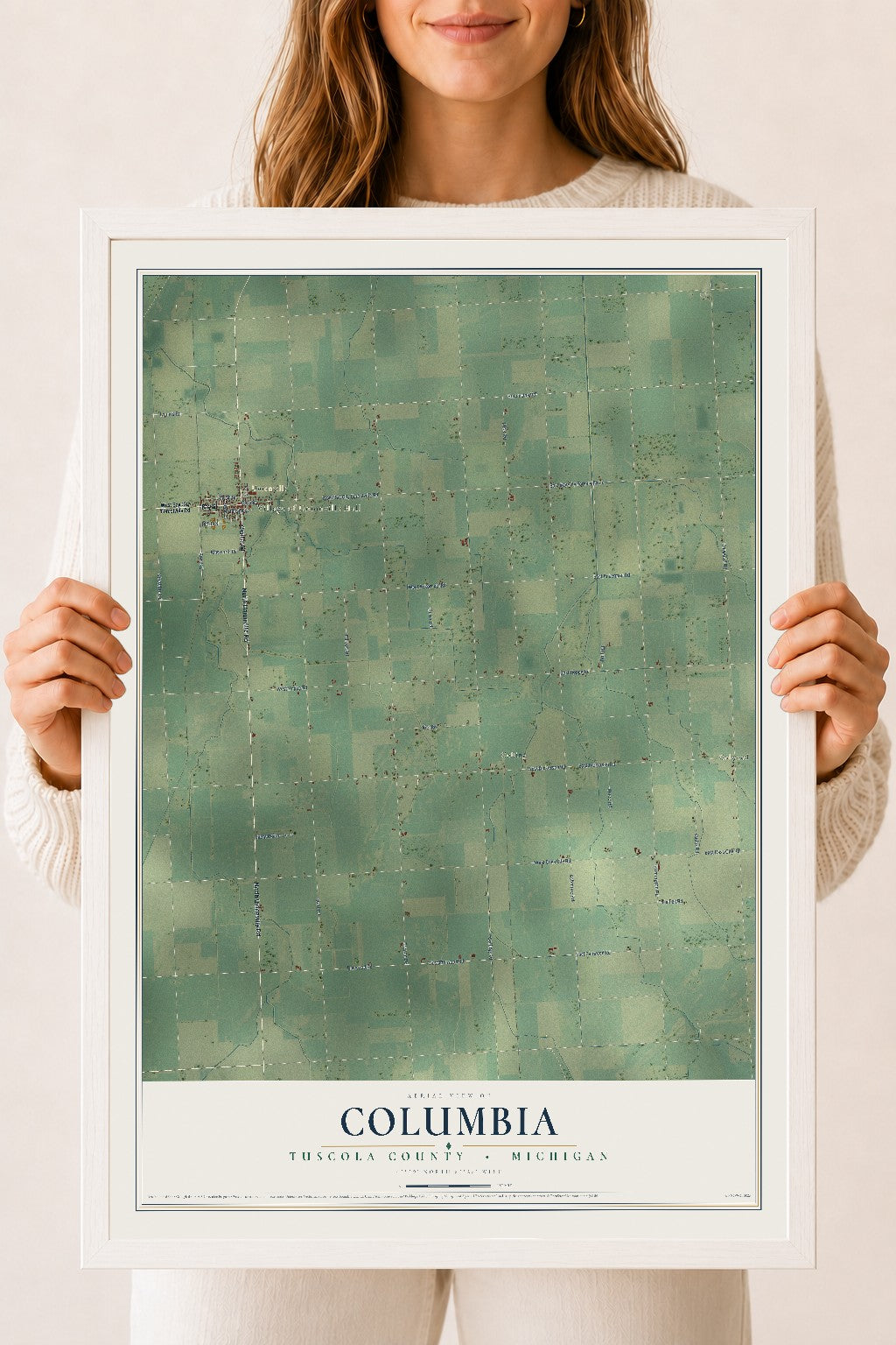 Map of Columbia, Tuscola County, Michigan, 18 x 24 inch print in a white wood frame
