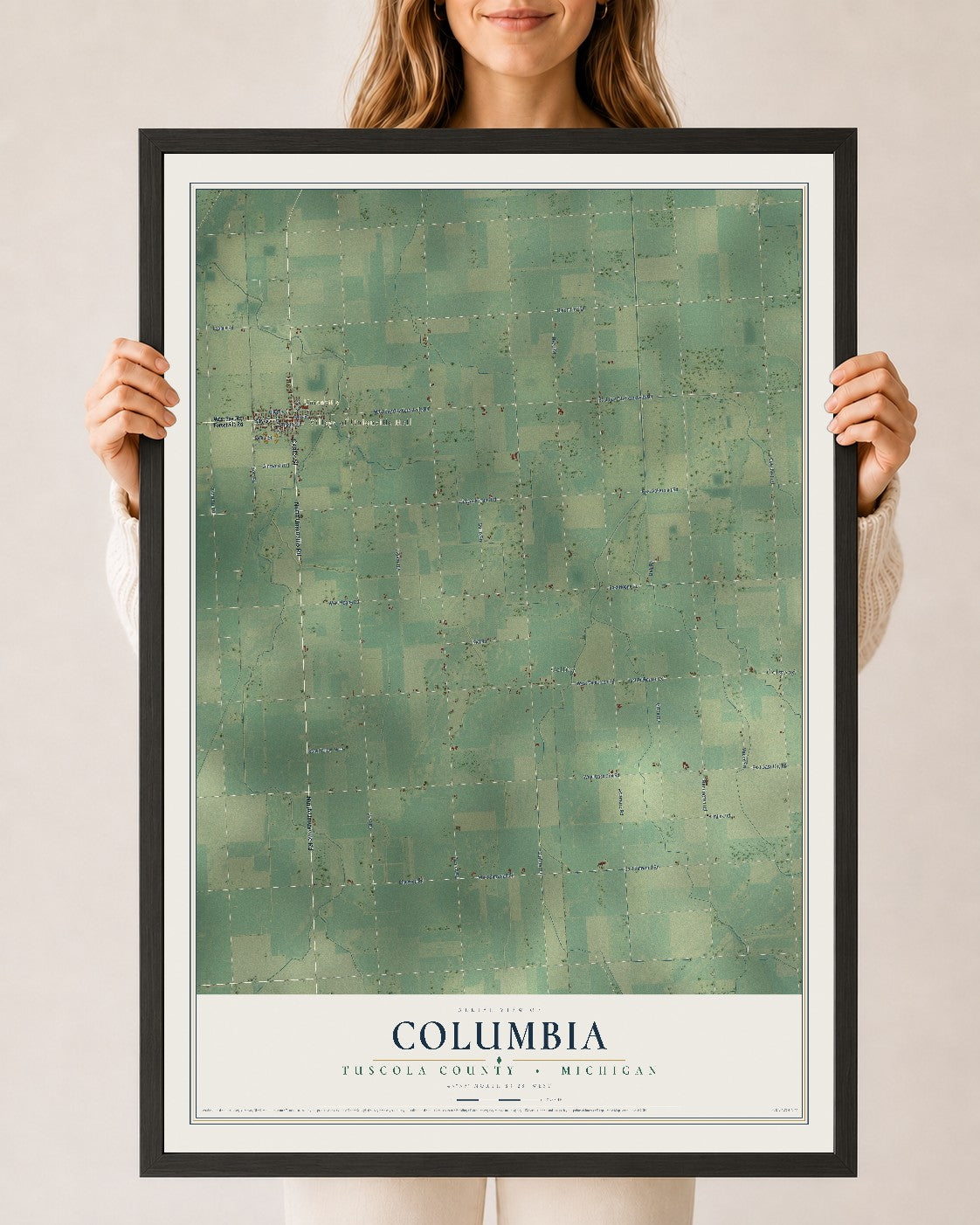 Map of Columbia, Tuscola County, Michigan, 24 x 36 inch print in a black wood frame