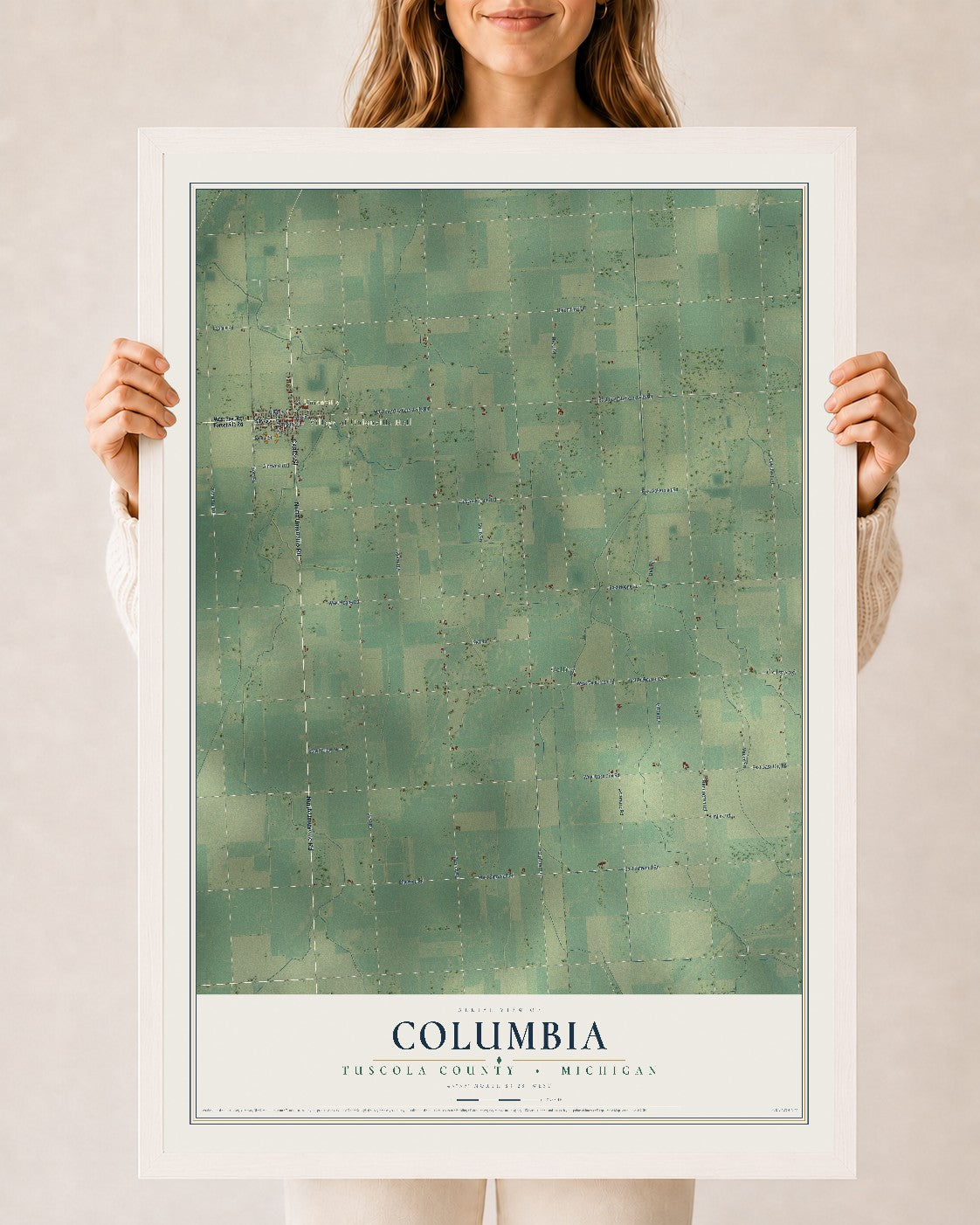 Map of Columbia, Tuscola County, Michigan, 24 x 36 inch print in a white wood frame