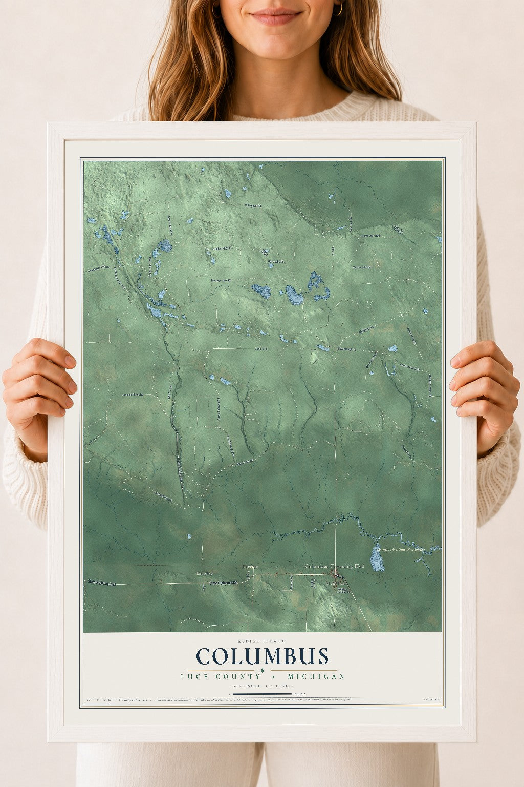 Map of Columbus, Luce County, Michigan, 18 x 24 inch print in a white wood frame