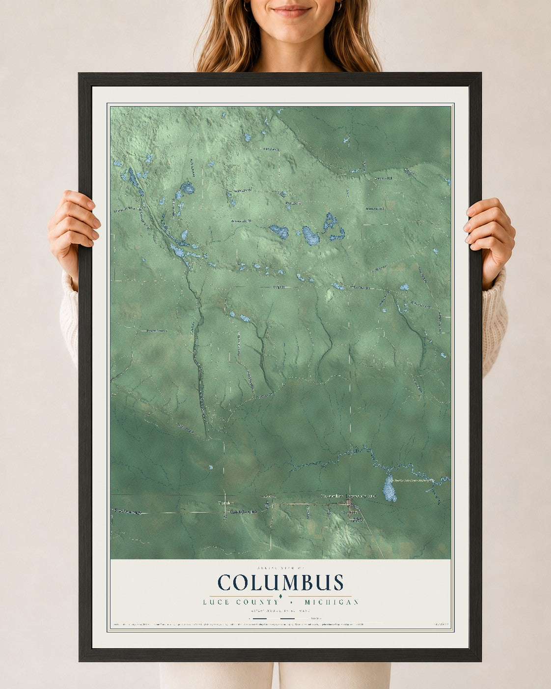 Map of Columbus, Luce County, Michigan, 24 x 36 inch print in a black wood frame