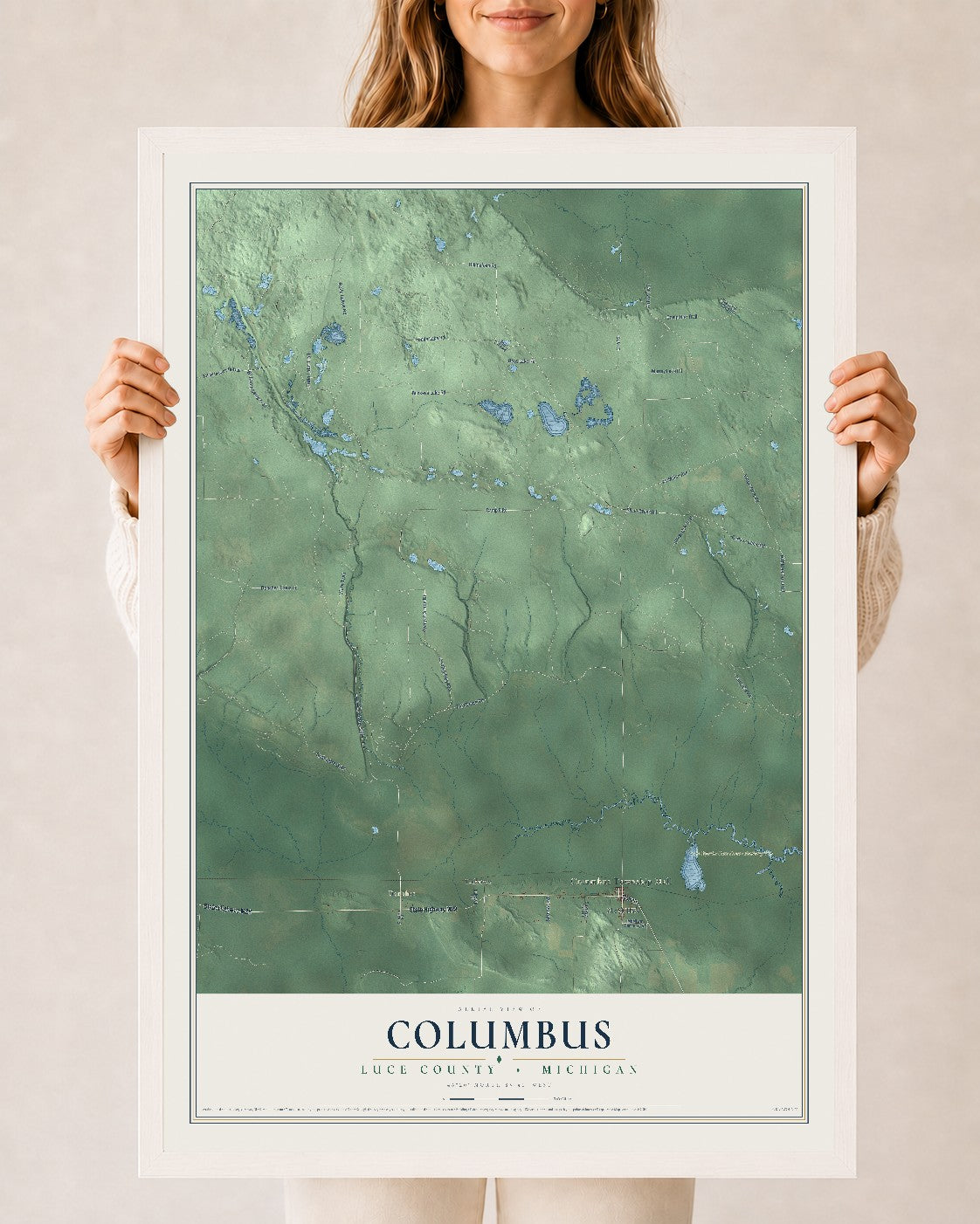 Map of Columbus, Luce County, Michigan, 24 x 36 inch print in a white wood frame