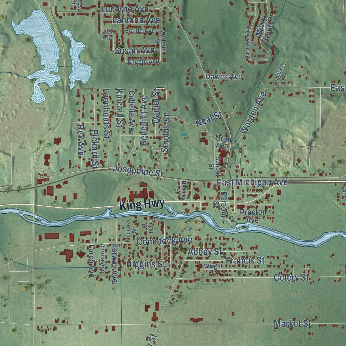 Second close-up of the map of Comstock, Michigan print showing more streets and buildings
