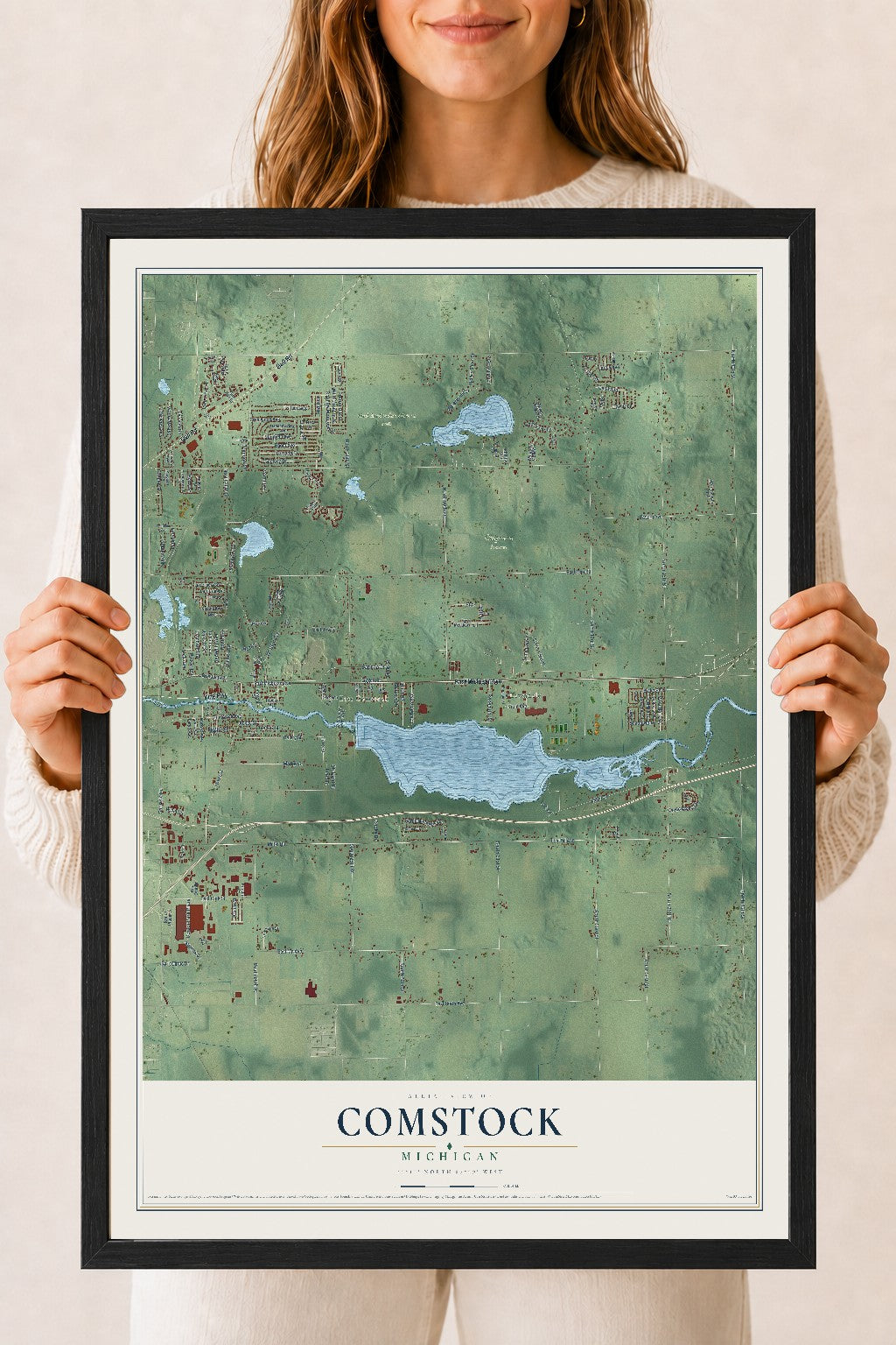 Map of Comstock, Michigan, 18 x 24 inch print in a black wood frame