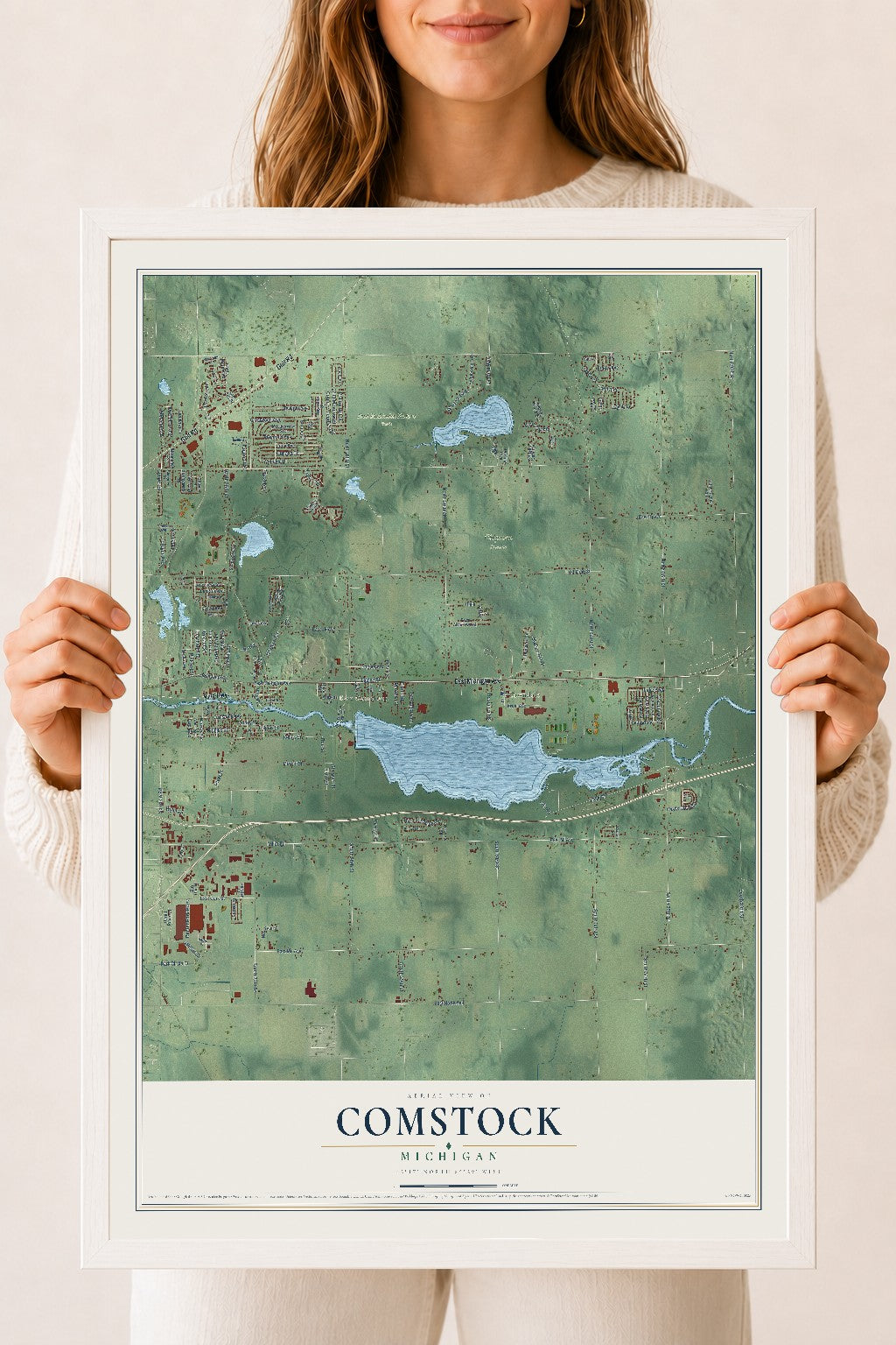 Map of Comstock, Michigan, 18 x 24 inch print in a white wood frame