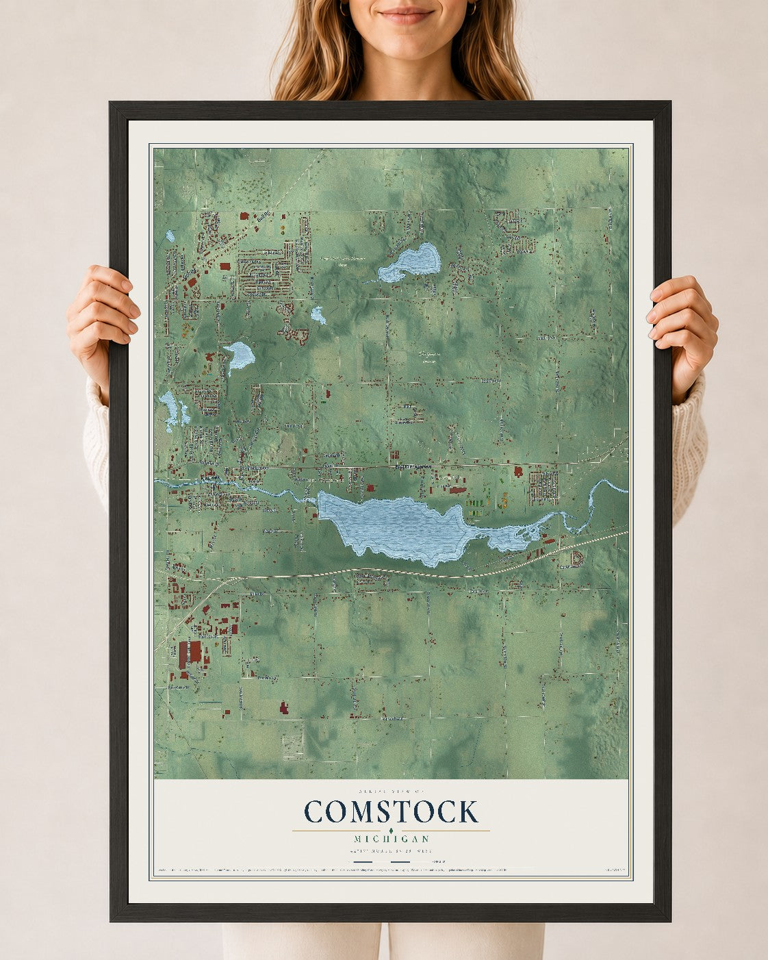 Map of Comstock, Michigan, 24 x 36 inch print in a black wood frame