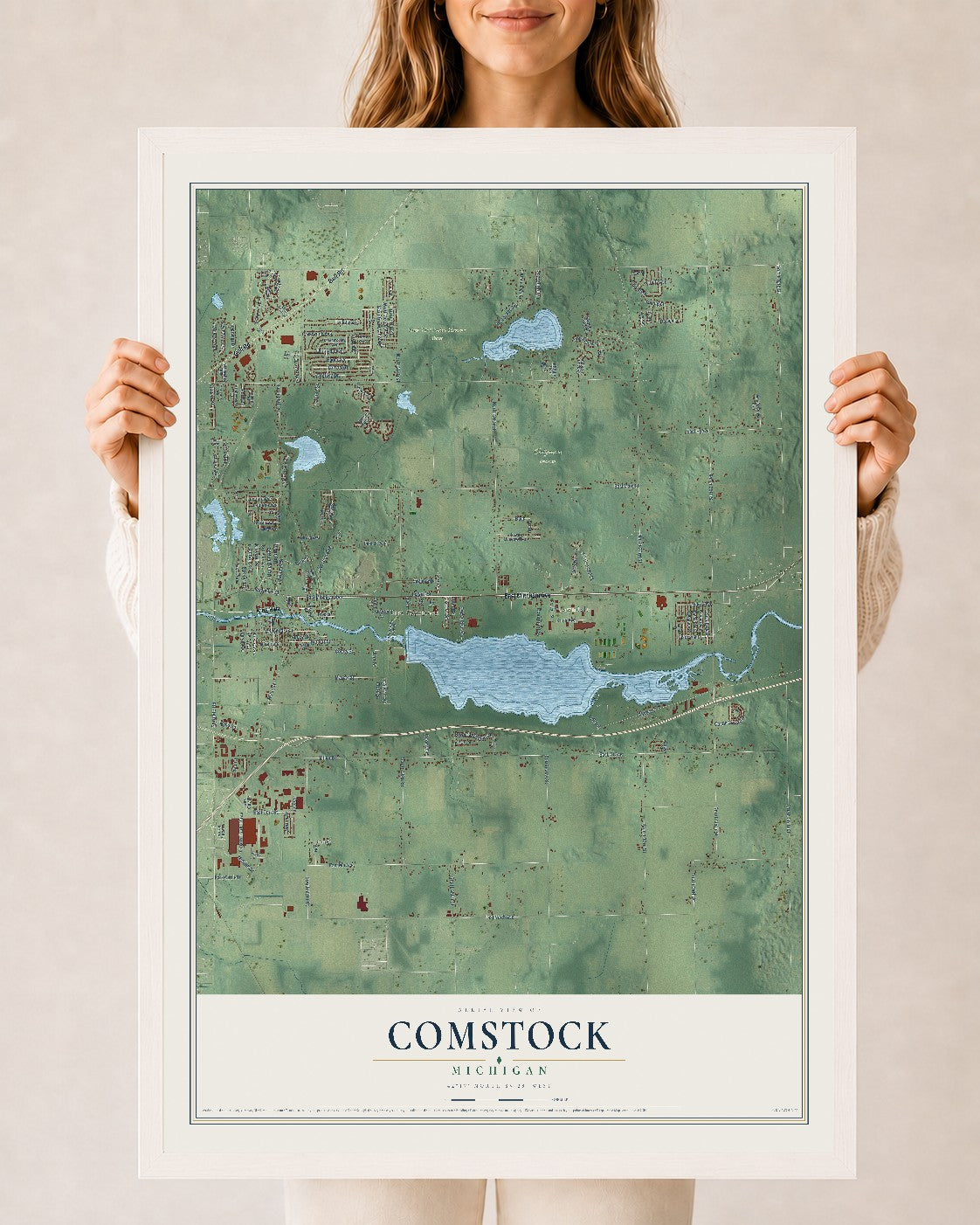 Map of Comstock, Michigan, 24 x 36 inch print in a white wood frame