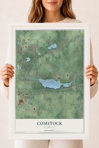 Map of Comstock, Michigan, 18 x 24 inch print in a white wood frame