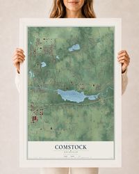 Map of Comstock, Michigan, 24 x 36 inch print in a white wood frame