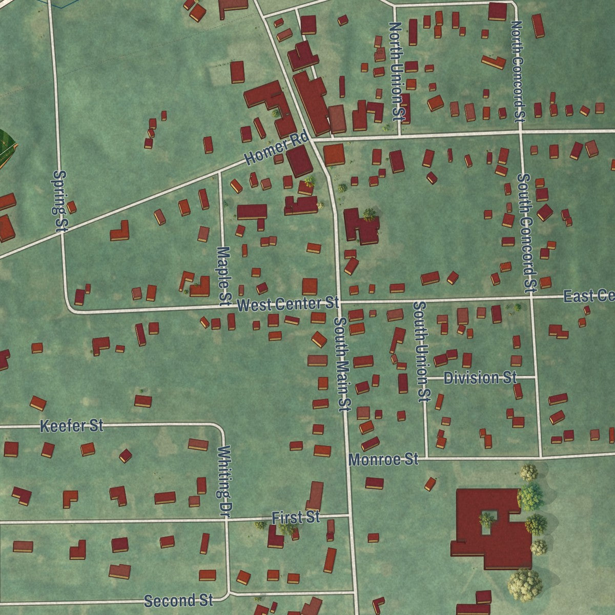 Close-up of the map of Concord, Michigan print showing street and building detail