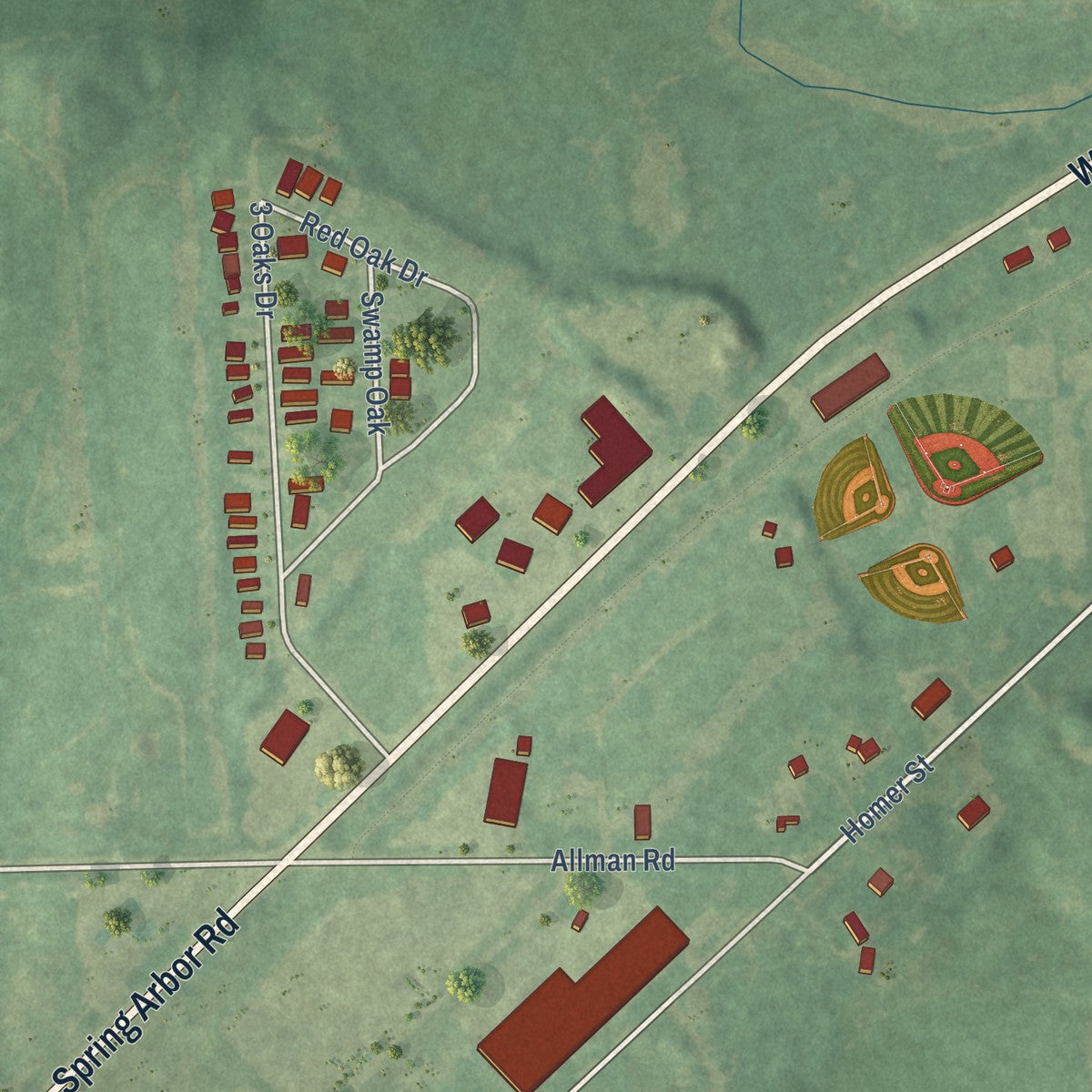 Second close-up of the map of Concord, Michigan print showing more streets and buildings
