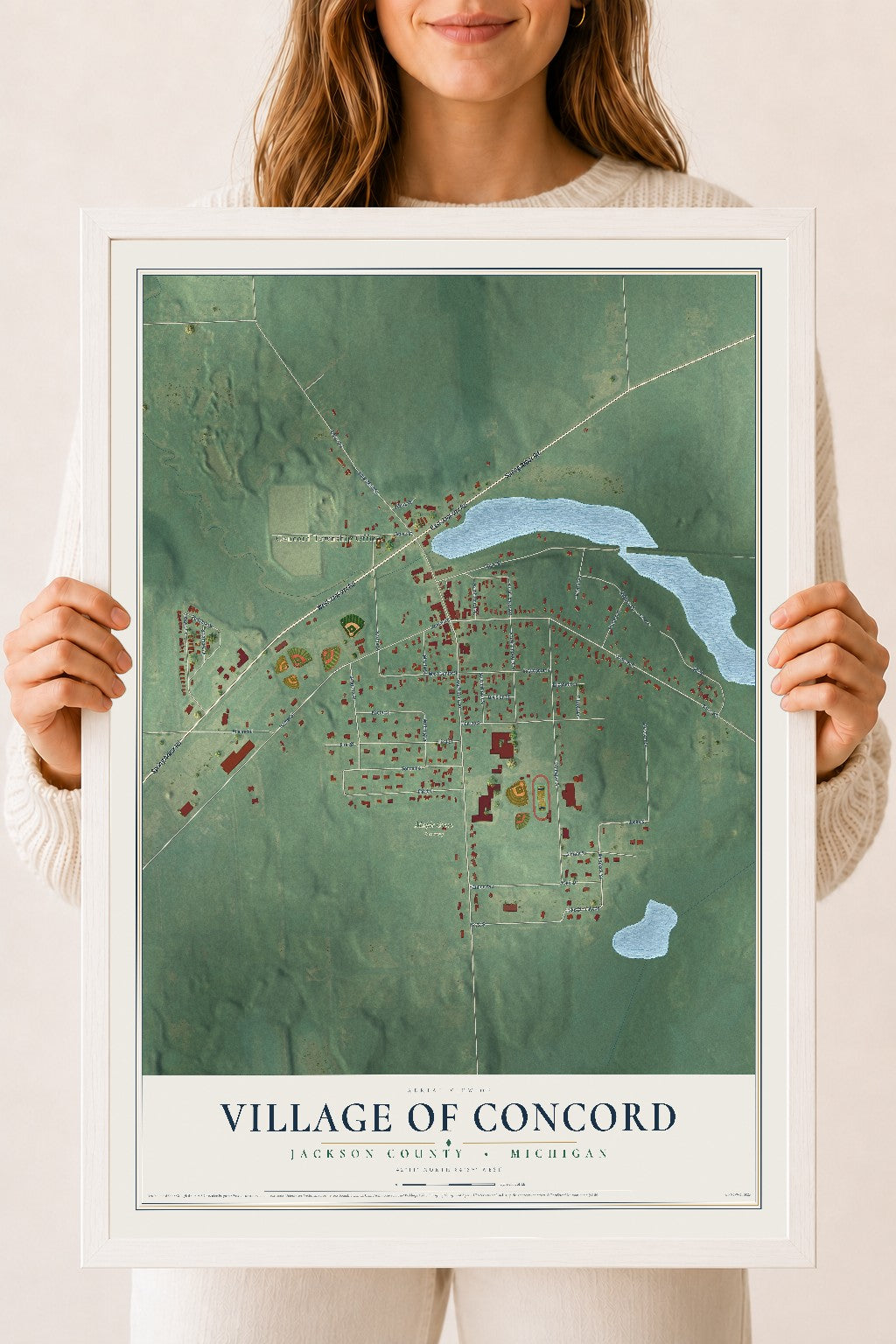 Map of Concord, Michigan, 18 x 24 inch print in a white wood frame