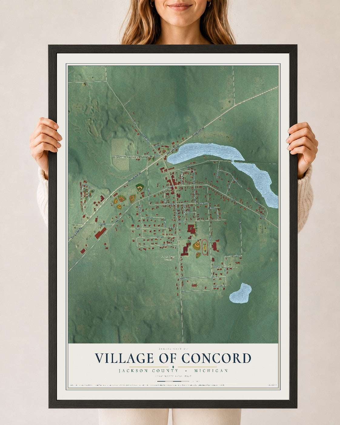 Map of Concord, Michigan, 24 x 36 inch print in a black wood frame