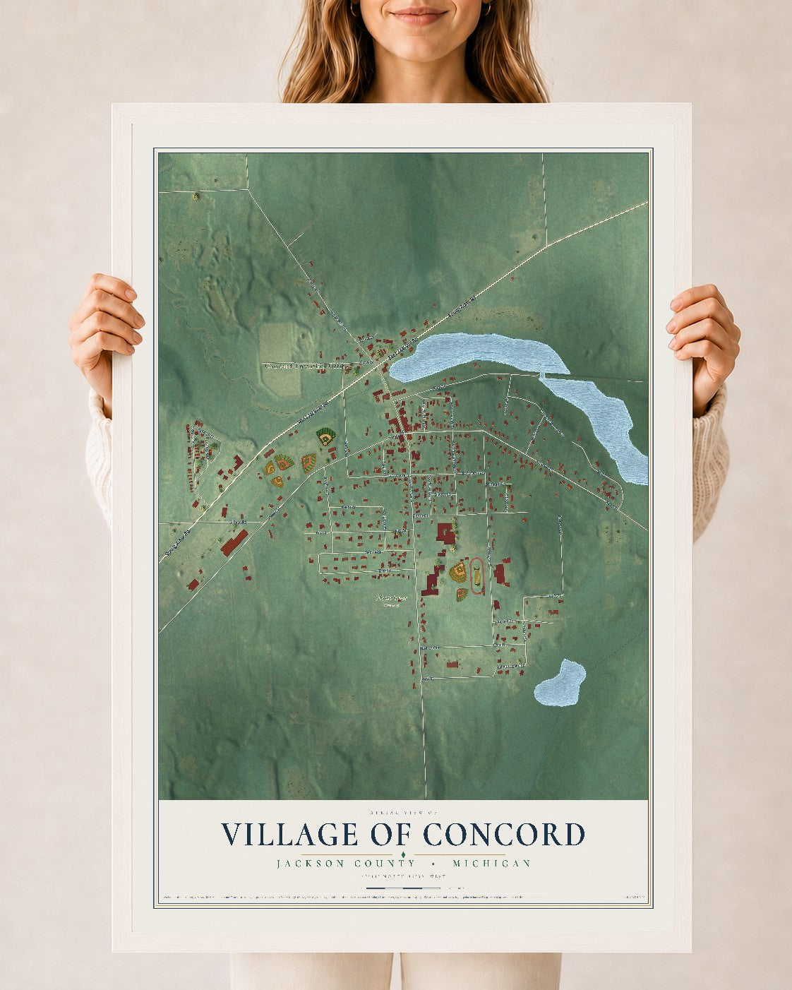 Map of Concord, Michigan, 24 x 36 inch print in a white wood frame