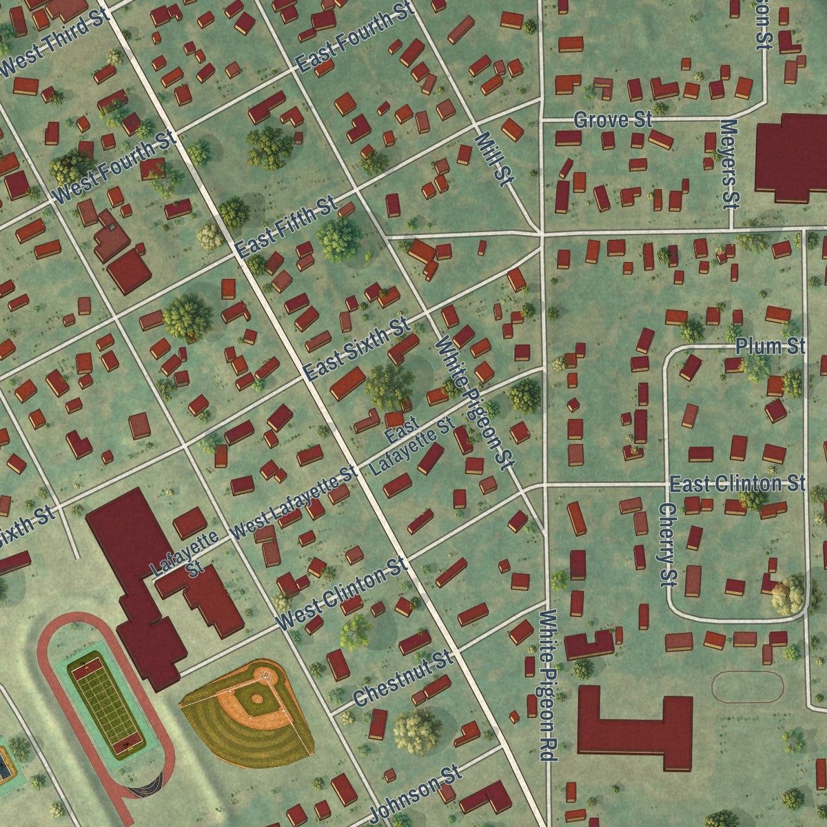 Close-up of the map of Constantine, Michigan print showing street and building detail