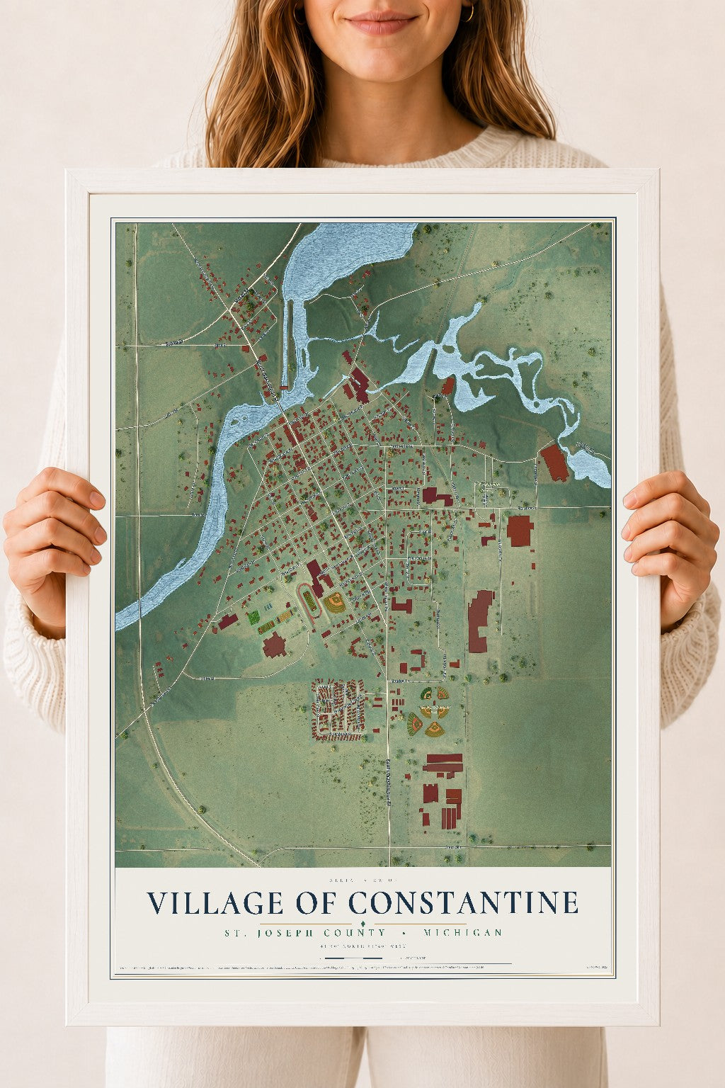 Map of Constantine, Michigan, 18 x 24 inch print in a white wood frame