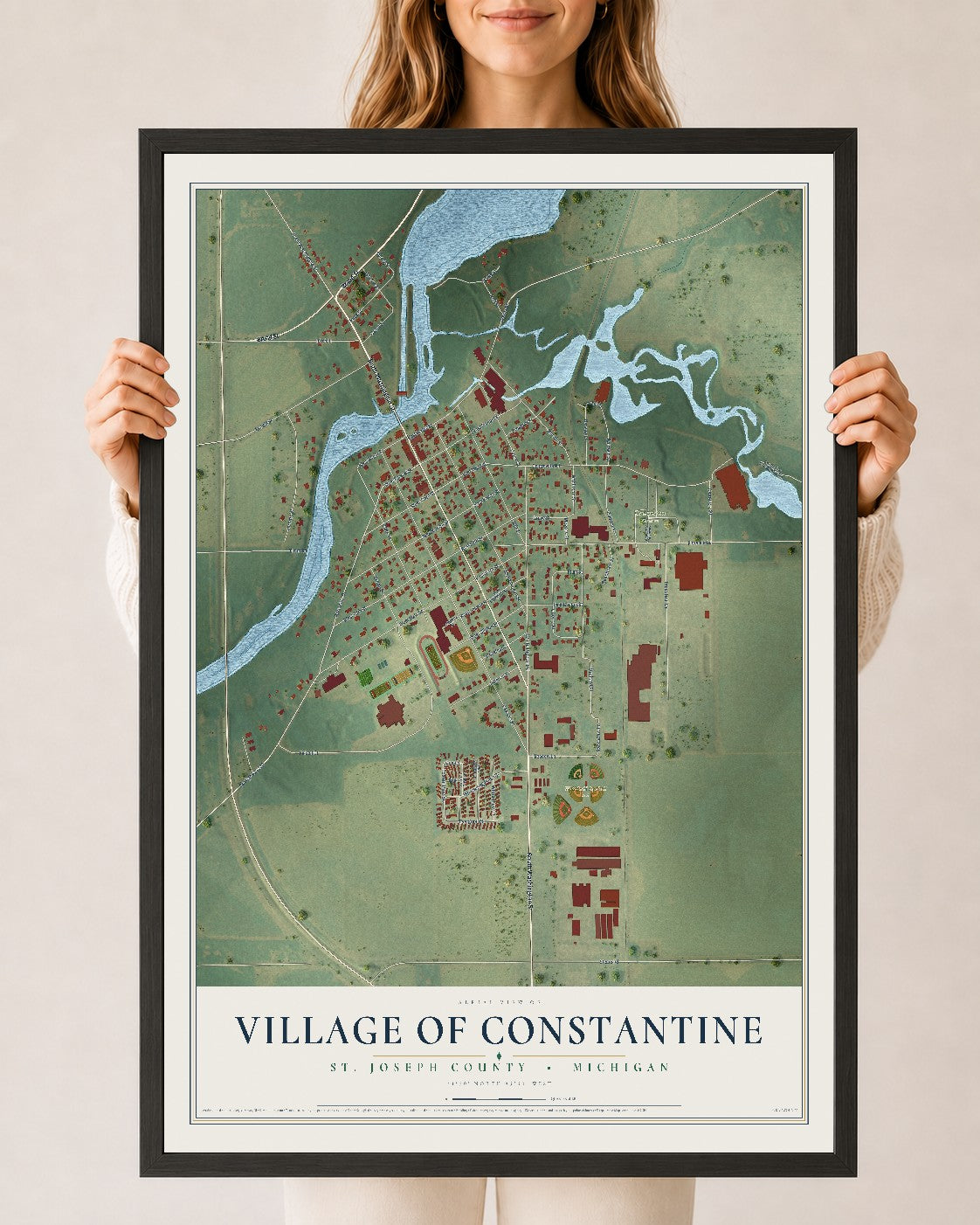 Map of Constantine, Michigan, 24 x 36 inch print in a black wood frame