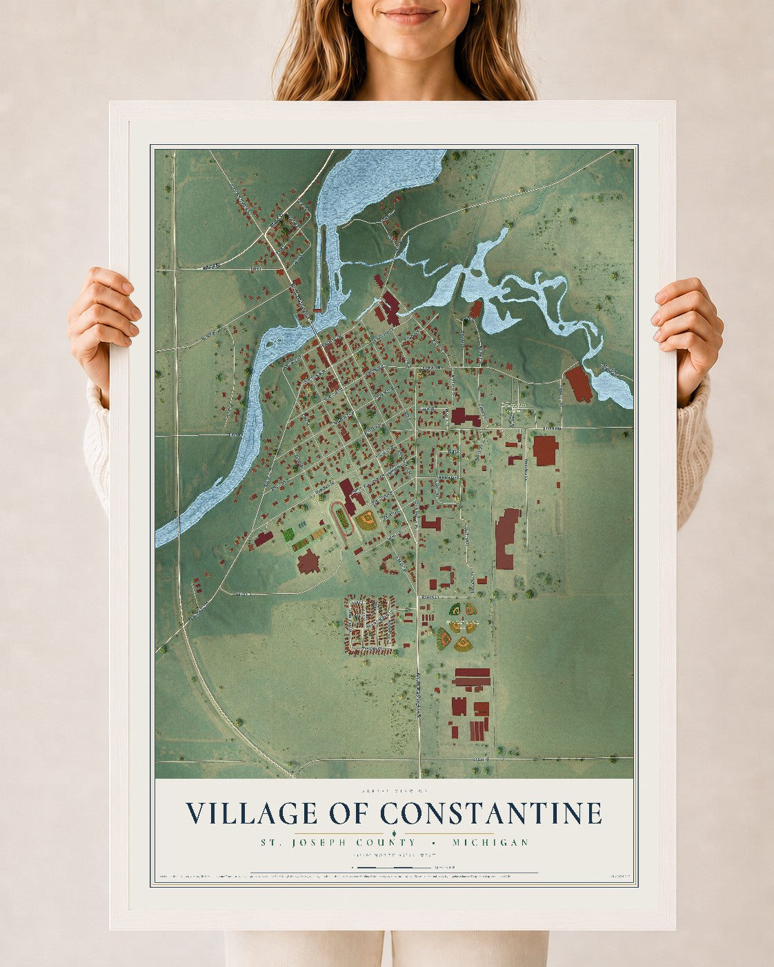 Map of Constantine, Michigan, 24 x 36 inch print in a white wood frame