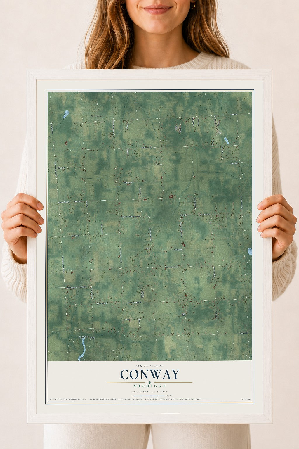 Map of Conway, Michigan, 18 x 24 inch print in a white wood frame