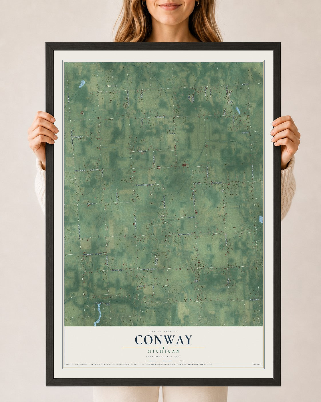 Map of Conway, Michigan, 24 x 36 inch print in a black wood frame