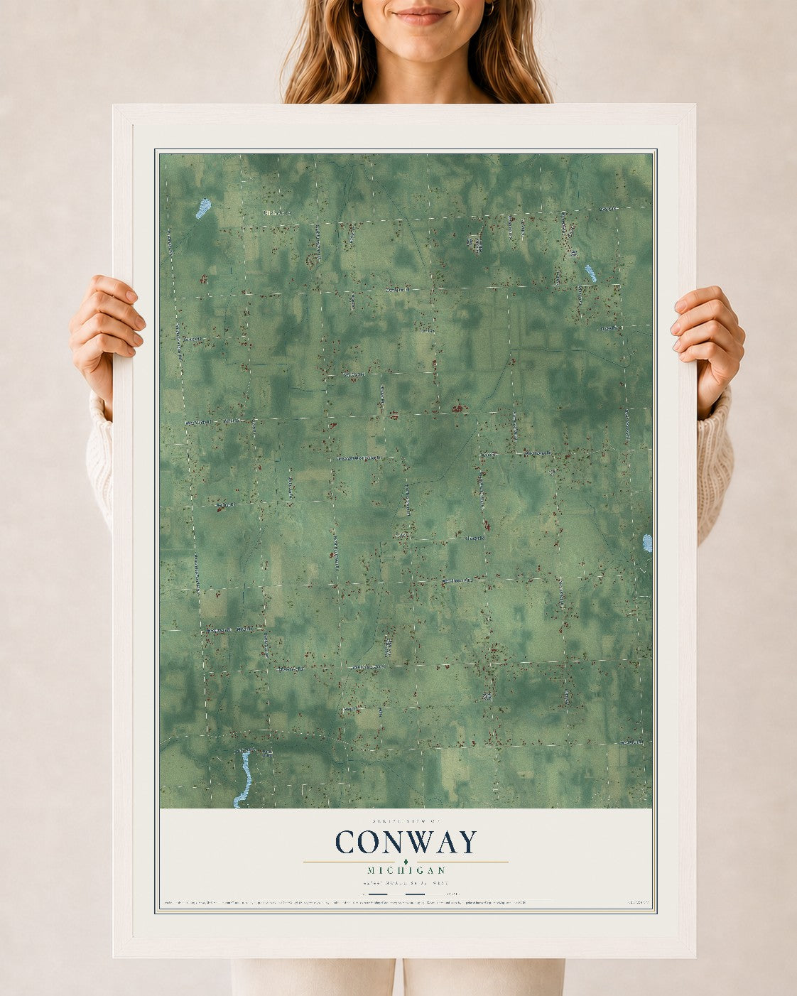 Map of Conway, Michigan, 24 x 36 inch print in a white wood frame