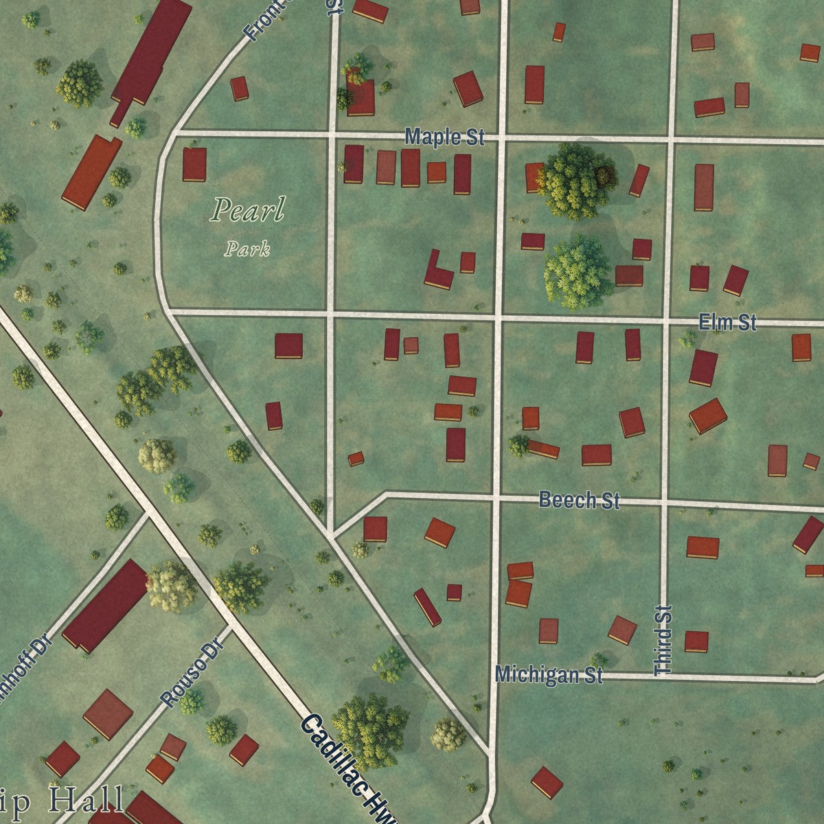 Close-up of the map of Copemish, Michigan print showing street and building detail