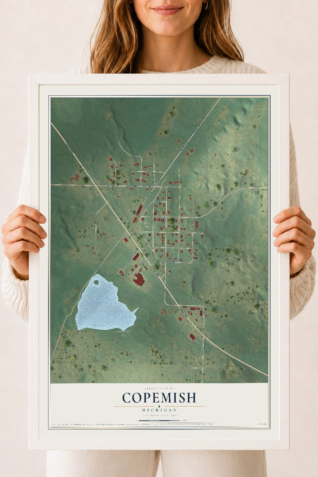 Map of Copemish, Michigan, 18 x 24 inch print in a white wood frame