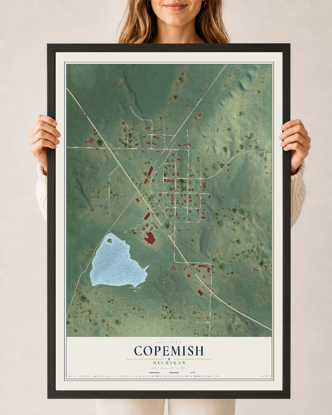 Map of Copemish, Michigan, 24 x 36 inch print in a black wood frame
