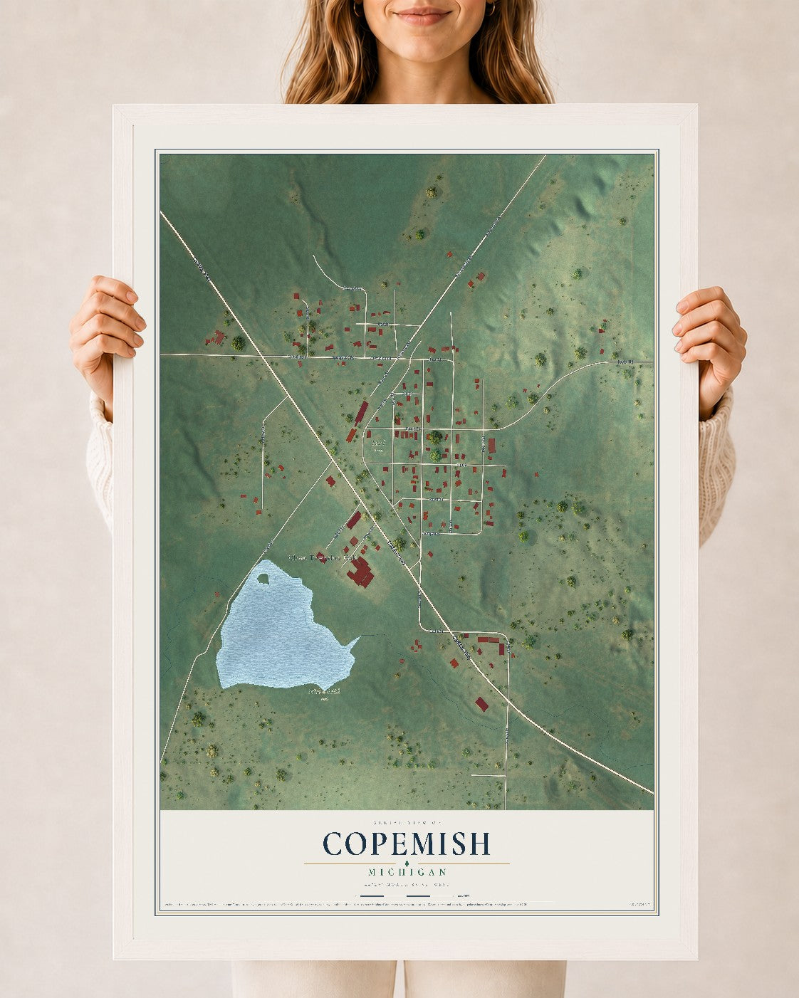Map of Copemish, Michigan, 24 x 36 inch print in a white wood frame