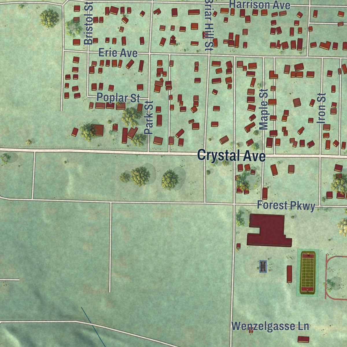 Second close-up of the map of Crystal Falls, Michigan print showing more streets and buildings