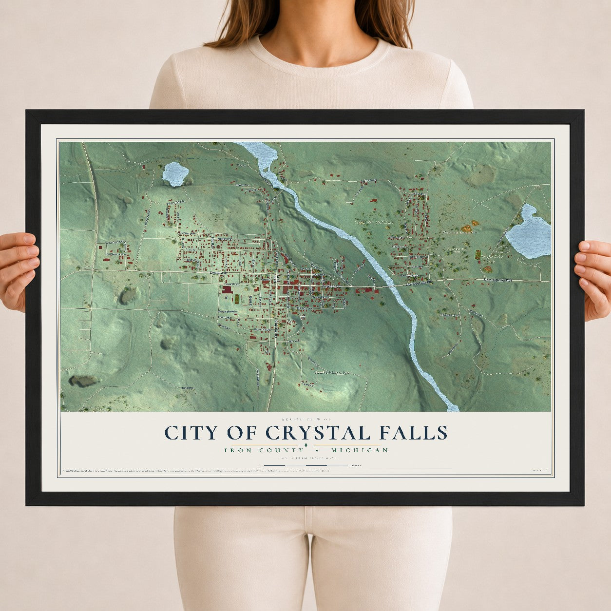Map of Crystal Falls, Michigan, 18 x 24 inch print in a black wood frame