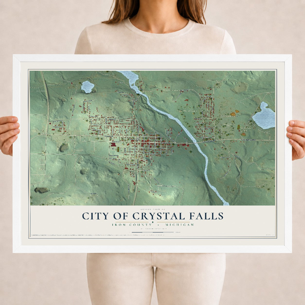 Map of Crystal Falls, Michigan, 18 x 24 inch print in a white wood frame