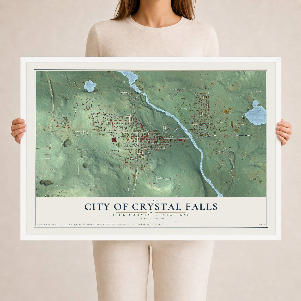 Map of Crystal Falls, Michigan, 24 x 36 inch print in a white wood frame