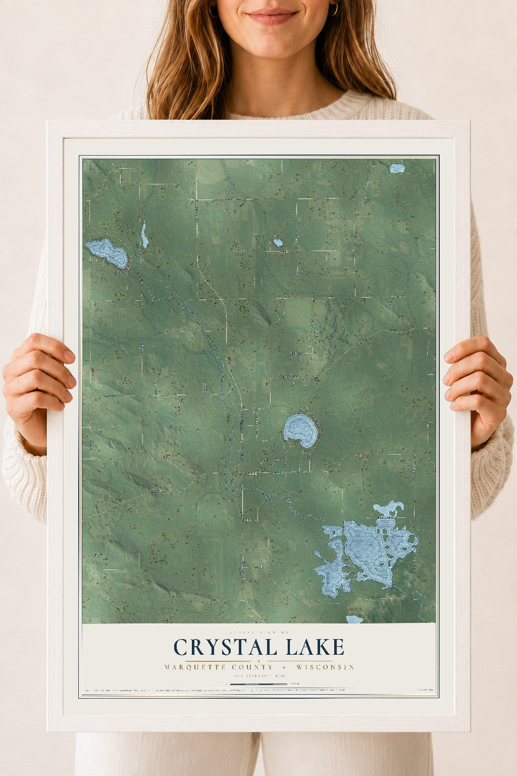 Map of Crystal Lake, Marquette County, Wisconsin, 18 x 24 inch print in a white wood frame