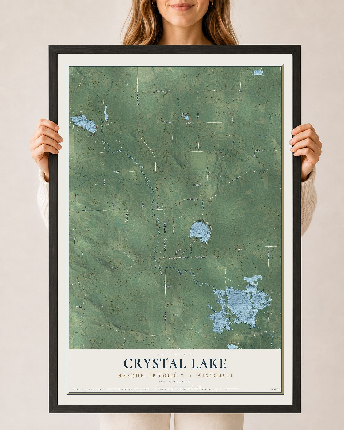 Map of Crystal Lake, Marquette County, Wisconsin, 24 x 36 inch print in a black wood frame
