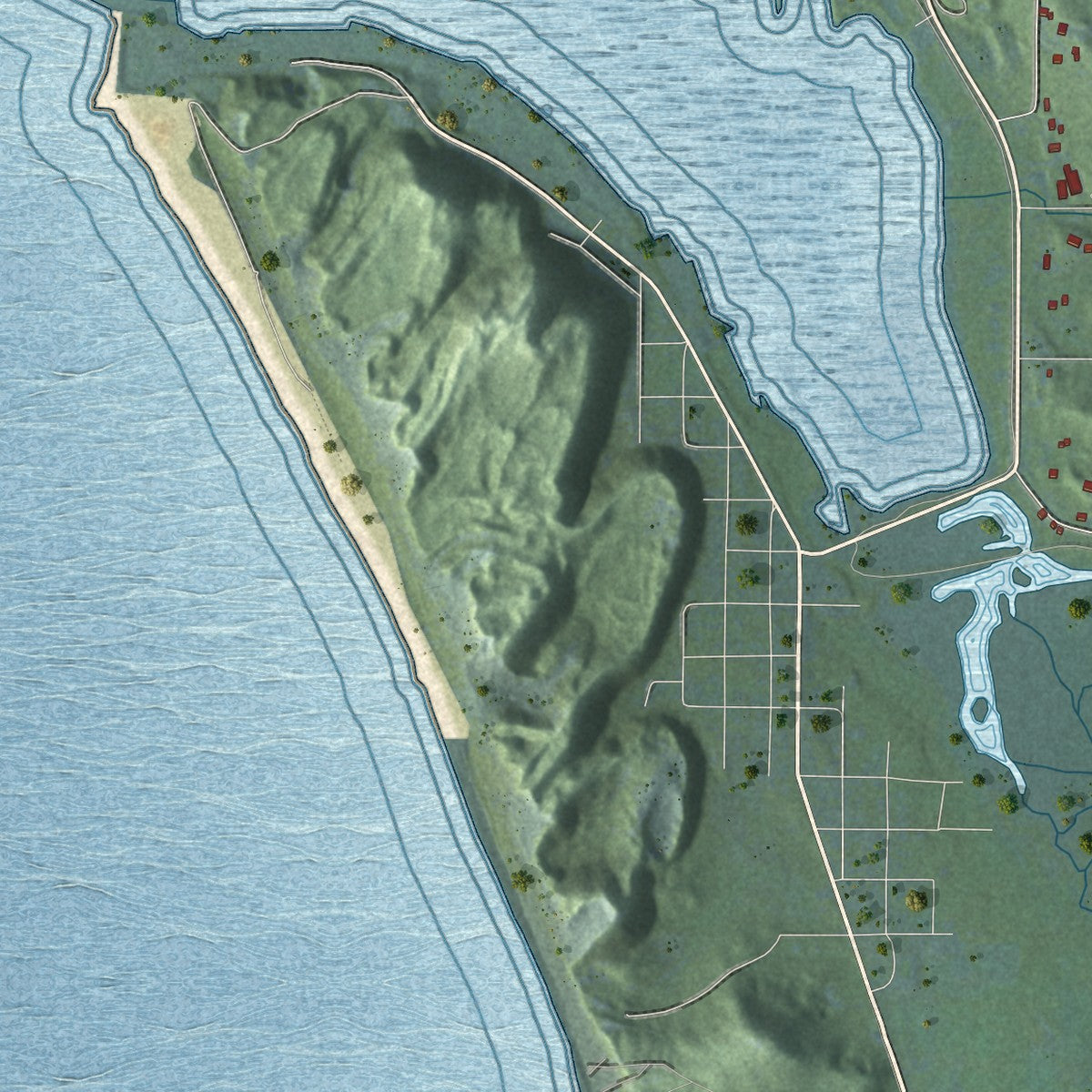 Close-up of the map of Crystal Lake, Michigan print showing street and building detail