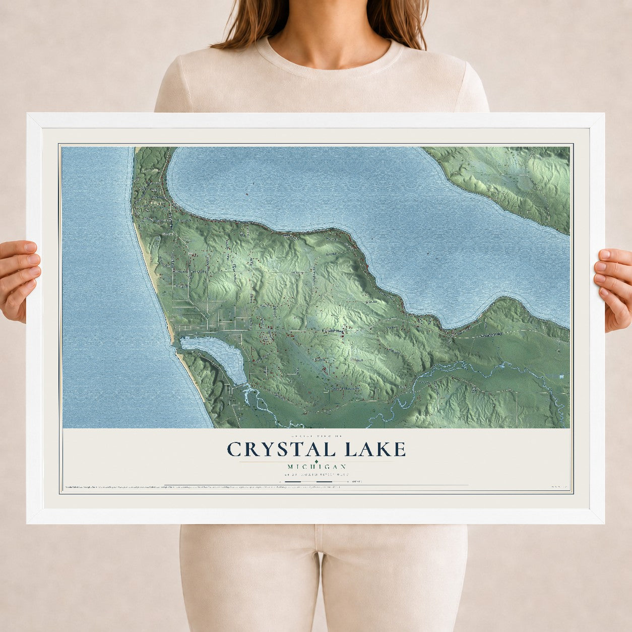 Map of Crystal Lake, Michigan, 18 x 24 inch print in a white wood frame