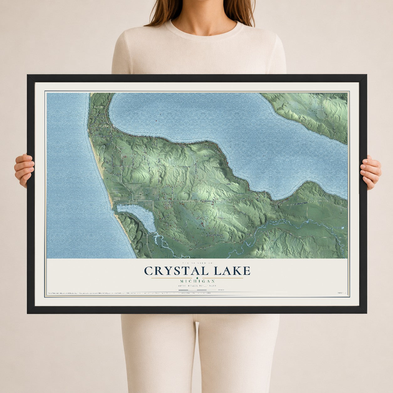Map of Crystal Lake, Michigan, 24 x 36 inch print in a black wood frame