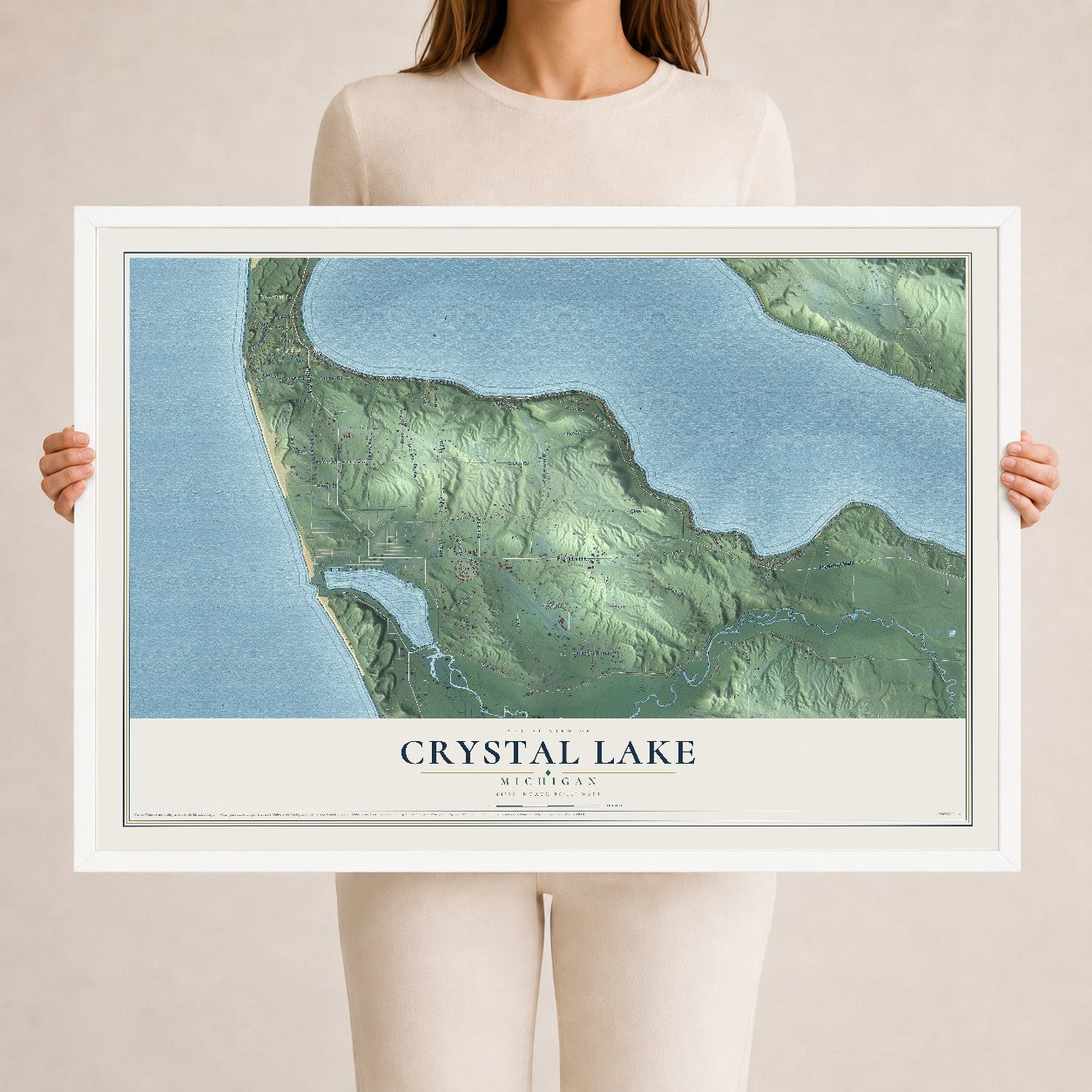 Map of Crystal Lake, Michigan, 24 x 36 inch print in a white wood frame