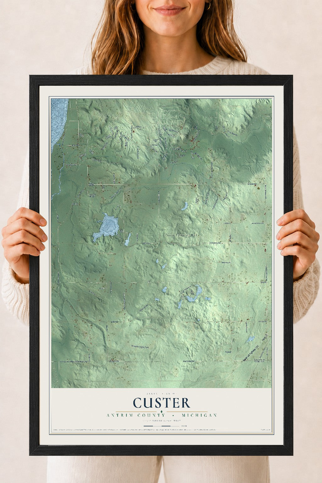 Map of Custer, Antrim County, Michigan, 18 x 24 inch print in a black wood frame